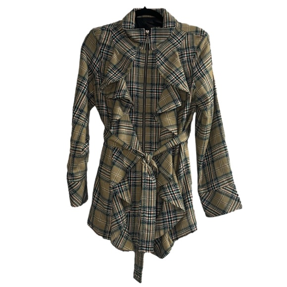 U) Plaid Zip-Up Jacket with Tie-Up Waist - Tan Black Blue Pink - Size Large - Picture 3 of 7